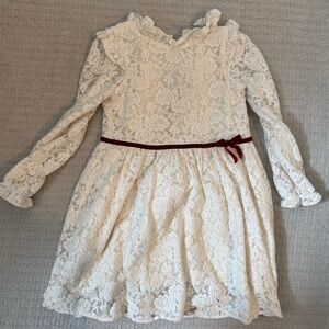 Janie and Jack Cream Lace Dress with Red Bow